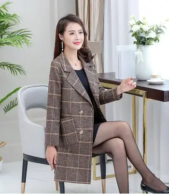 coffee Осенне-зимнее модное клетчатое шерстяное пальто, новинка, большие размеры 5XL, женская одежда среднего возраста, двубортные женские пальто, тренд 1191 - Цвет: coffee