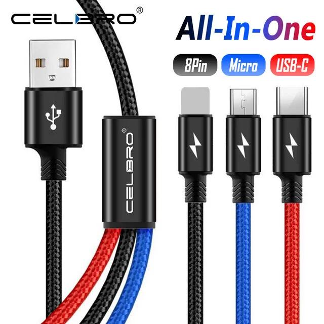 

3 In 1 Multiple USB Type-C Charger Cable for Samsung Huawei Honor Multi Mirco USB Charging Cables USB-C Phone Cord Short Long 3A