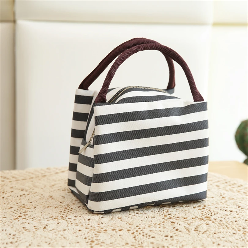 Портативная полосатая сумка для обеда, женские многоразовые сумки для обеда с холодной изоляцией, сумки для работы, сумки для путешествий, Новое поступление, повседневные сумки - Цвет: Черный