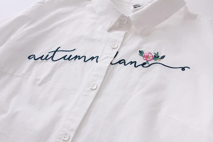 FEKEHA белая Хлопковая женская школьная рубашка с надписью и цветочной вышивкой синие Топы женские, блузки с длинным рукавом Женские офисные рубашки