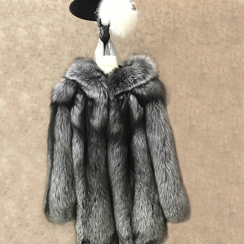 Luxury Winter Natural Real Fox Fur Coat Women Whole Skin Genuine Leather Fur Jacket With Hood Silver Fox Fur Coat for Female Coats