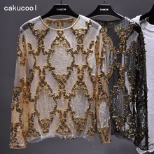 Cakucool, женская блузка с блестками, топы, прозрачные, сексуальные, с круглым вырезом, сетчатые блузы, рубашка с длинным рукавом, цветочный узор, вышивка бисером, женские блузки, большие, 2xl