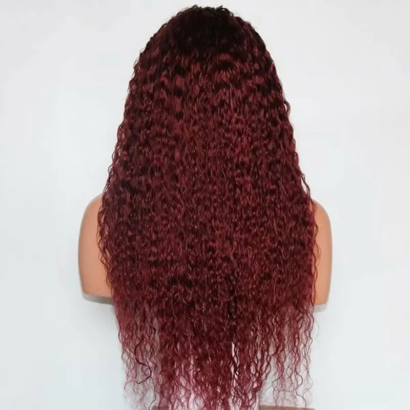 150% Плотность Красный 99J Цветной 13x6 глубокий часть Синтетические волосы на кружеве человеческие волосы кудрявые парики целые концы предварительно с детскими волосами бразильский человеческих волос