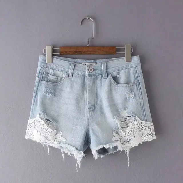 summer new lace denim shorts washed white shorts femme