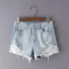Летний новый кружева джинсовые шорты промытые белые шорты femme