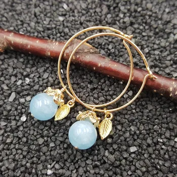 

LiiJi Unique Gem stone Natural Aquamarine 10mm 925 Sterling Silver Gold Color Leaves Hoop Earrings