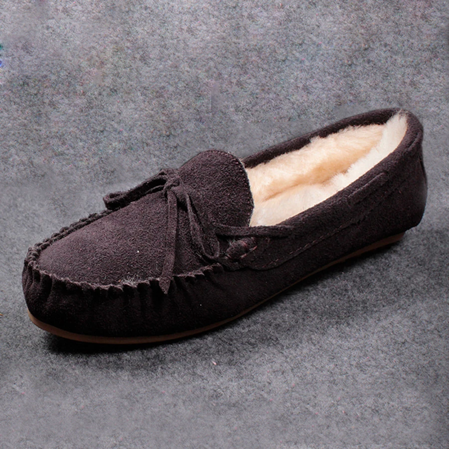 Модные зимние туфли на плоской подошве Натуральная Кожа Шерсть внутри женщинам тёплые женские лоферы плоская обувь с мехом внутри