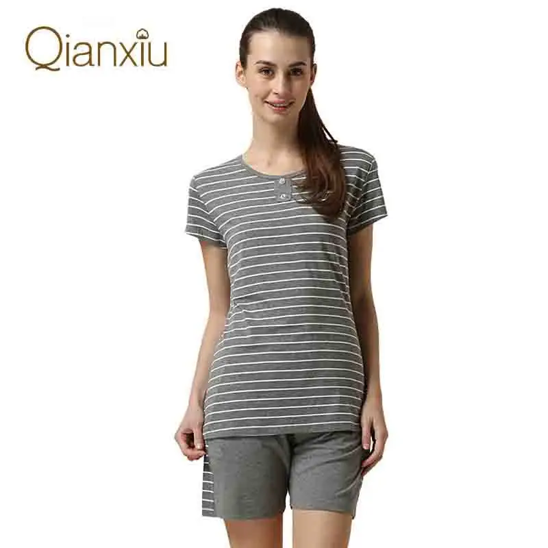 Qianxiu пижамы летом свободного покроя модальный гостиная износ полосой с коротким рукавом женщин и мужчин Большой размер пижамы комплект 1 шт - Цвет: women gray