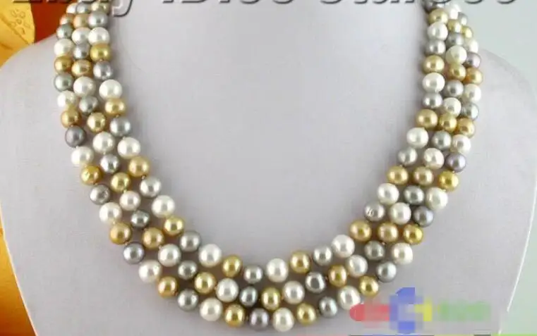 

Free shipping hot sale Women Bridal Wedding Jewelry >>3row 9mm white gray round champagne FW pearl necklace