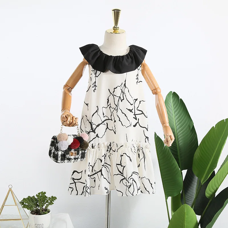 

Girls dress 2019 summer new Korean ink painting ruffled vest skirt sleeveless princess dress children's clothing