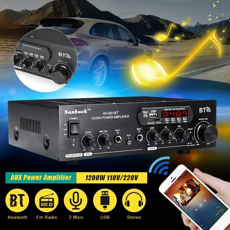 

2000W bluetooth Audio Power Amplifier Hifi FM 110V/220V DC 12V AUX input USB SD 2 Mic input for Car Home Theater DJ KTV