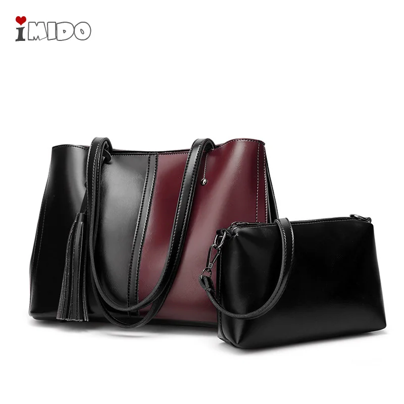 

Women's Big Shoulder Tote Vintage Panelled Oil Leather Handbags 2pcs sets Simple Shopper Crossbody Bags Office Hand Purse 2019