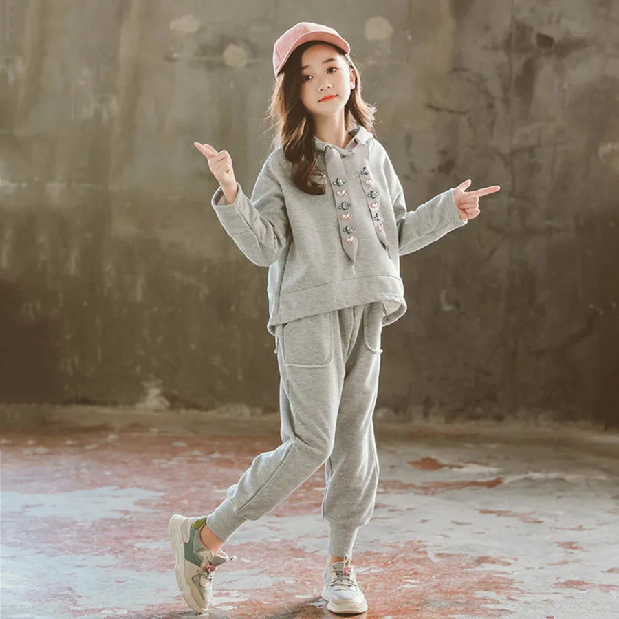 الأطفال الملابس مجموعة 11 12 سنوات الأزياء في سن المراهقة رياضية رمادي التقوقع تنحنح البلوز بسط بنطال ملاصق للجسم الرياضة دعوى للفتيات