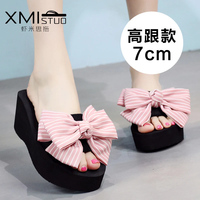 Women Striped Bow Patch High Heel Casual Slippers | Тематическая одежда и униформа