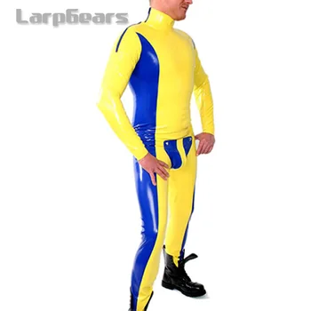 

Yellow with blue Latex Rubber Men's Codpiece Catsuit Latex Tights Rubber Catsuit Bodysuit