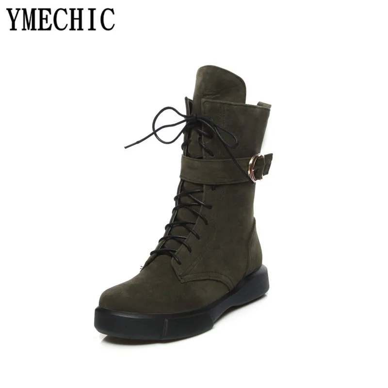 Женские армейские ботинки YMECHIC черные зеленые на плоской подошве с пряжкой