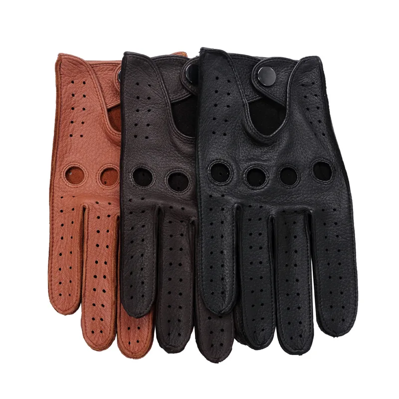 

New Arrival Luxury Men Leather Gloves Mittens Hole Button Breathable Men Deerskin Genuine Leather Driving Gloves Male Mitten