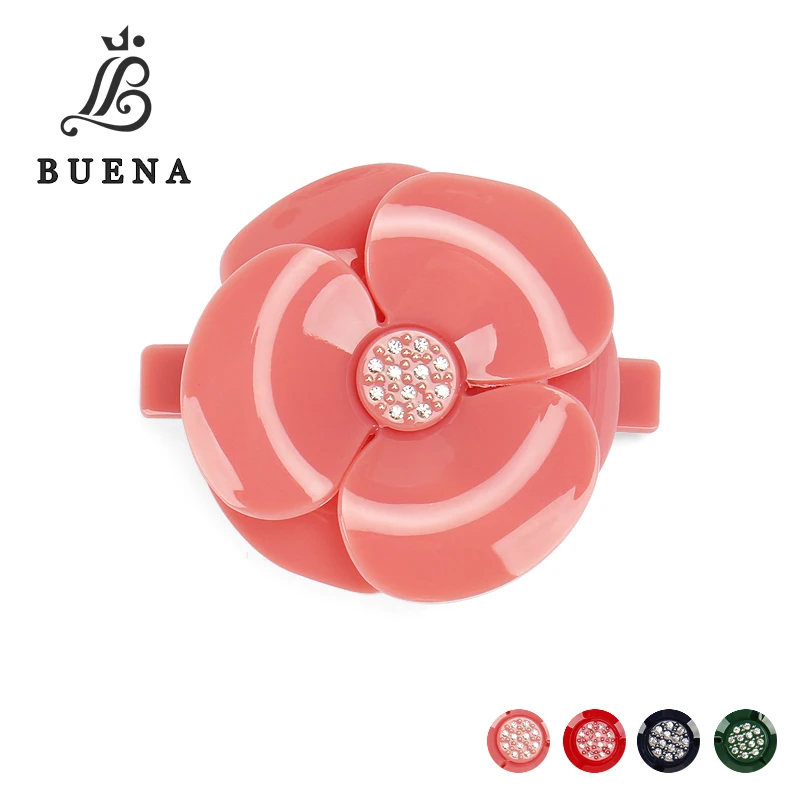 

Hot Sale Camellia Hair Barrettes Acrylic Big Size Flower Hair Clip Clear Rhinestone Hair Accessory for Women