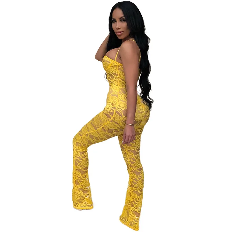 مثير بذلة الدانتيل خليط ثوب فضفاض انظر من خلال ملهى ليلي نحيل Playsuit واسعة فضفاضة الساق السراويل ارتداءها النساء ثوب بودي كون