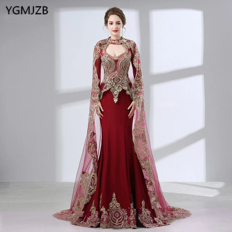 Burgundy Mermaid Evening Dresses Long 2019 Gold Embroidery Beading With Cape Long Sleeves Muslim Formal Party Evening Gown Burgundy Mermaid Evening Dresses Long 2019 Gold Embroidery Beading With Cape Long Sleeves Muslim Formal Party Evening Gown