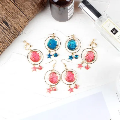 

Korean Romantic Planet Star Moon Drop Earrings For Women Jewelry Asymmetric Long Dangle Earrings Girl Female Statement Earrings