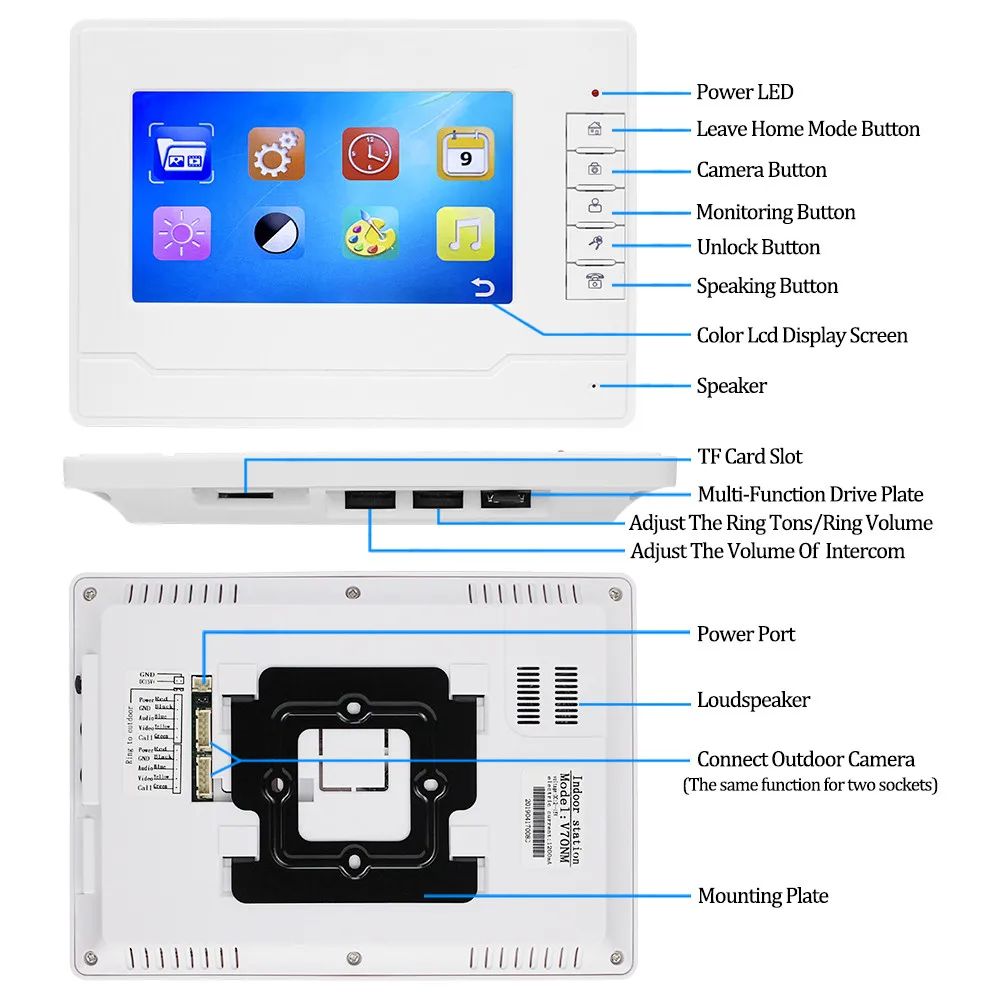 7 ''цветной экран видеодомофон домофон 1 2 монитора+ Водонепроницаемая наружная ИК-камера+ 16 Гб SD карта записи
