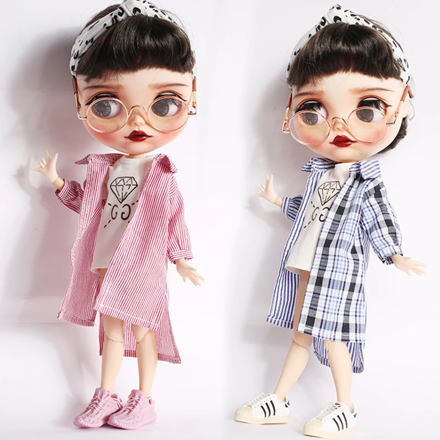 1 шт., Повседневная Длинная полосатая рубашка Blyth Dolls, розовая, синяя, нестандартная рубашка для кукол Blyth licca, аксессуары, Одежда для кукол