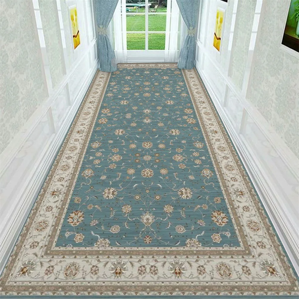 

Modern Printed Flowers Blue Corridor Carpet Rugs Halllway Non-slip For Home Hotel School Living Room Floor Pad Tapete Para Sala