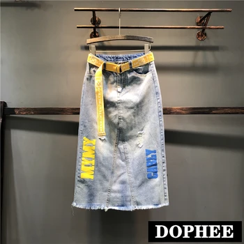 

2019 Summer New Fashion Personality Letter Denim Skirt Female Open Fork Package Hip One Step Long Jeans Skirt