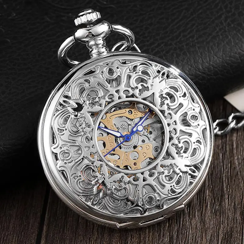 Ретро Серебряные Механические карманные часы с гравировкой в китайском стиле ручной обмотки стимпанк римские цифры Скелет Fob часы