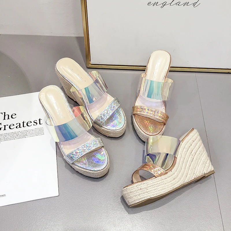 

Women Shoes Glitter Platform Heels Slippers Summer Mules Wedges Slides Slip on Sandals Fisherman Shoes Zapatos Mujer Gold Silver