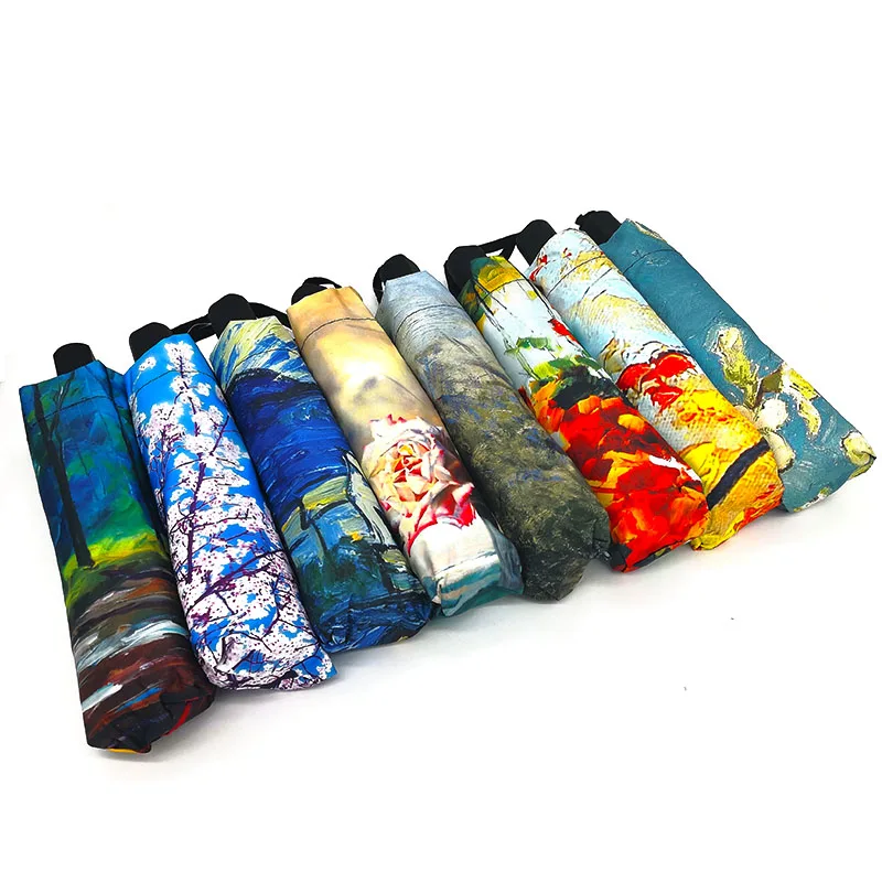 LIKE RAIN Folding Umbrella Female Van Gogh Painting Chinese Art Sakura Umbrellas Rain Women Windproof Anti-UV Sun Parasol