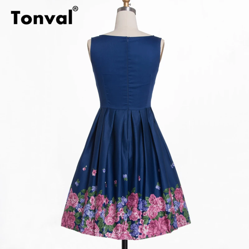 Tonval винтажное платье с цветочным принтом в стиле ретро, женское плиссированное платье в стиле рокабилли с круглым вырезом, летние женские хлопковые платья в морском стиле
