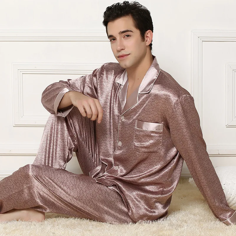 High-grade spring and autumn silk men's long-sleeved pajamas cardigan casual silk household clothes pyjama set loungewear