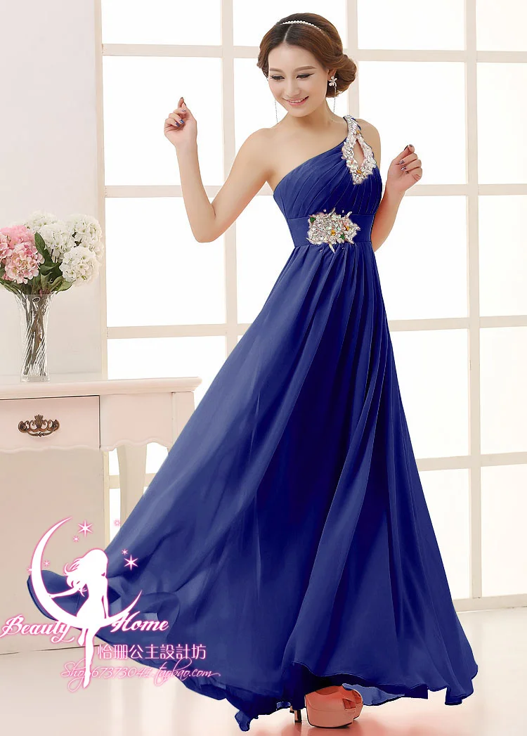 Одно плечо платье подружки невесты кораллового цвета длинное шифоновое с бисером плиссированные размера плюс невесты Элегантное свадебное вечернее платье Robe De Soriee - Цвет: royal blue lace up