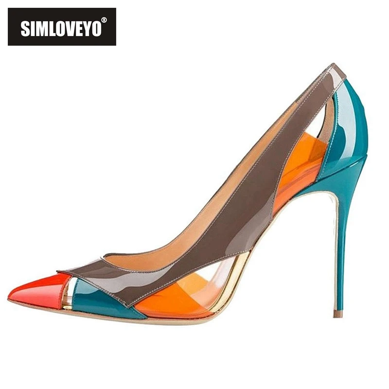 

SIMLOVEYO luxury handmade woman Pumps Ladies high heels Patchwork shoes Patent leather Pointed toe Thin stiletto heels female