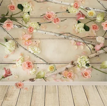 

Laeacco Pink Flowers Branch Planks Wooden Floor Baby Newborn Portrait Photographic Background Photography Backdrops Photo Studio