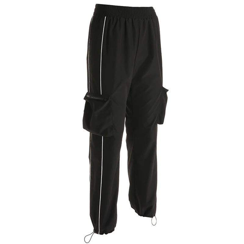 HEYounGIRL Harajuku, повседневные черные брюки-карго, женские полосатые эластичные брюки с высокой талией, Капри, уличная одежда, корейские спортивные штаны для бега