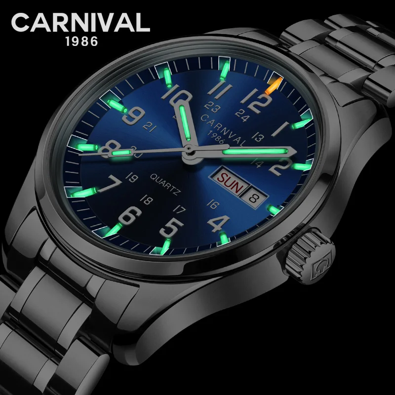 CARNIVAL New Fashion Tritium gas светящиеся часы мужские топ бренд Роскошные Кварцевые