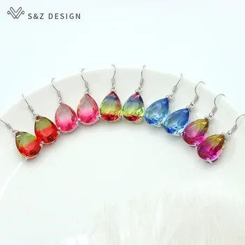

S&Z 2019 New Water Drop Colorful Gradient Zircon Dangle Earrings Ear Hook White Gold EU and US For Women Wedding Trendy Jewelry