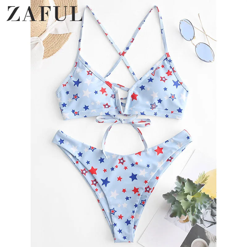 

ZAFUL Bandage Sexy Self Tie Stars Print Bikini Set Women Push Up Swimwear Retro Swimsuit Brazilian Bathing Suit Biquinis