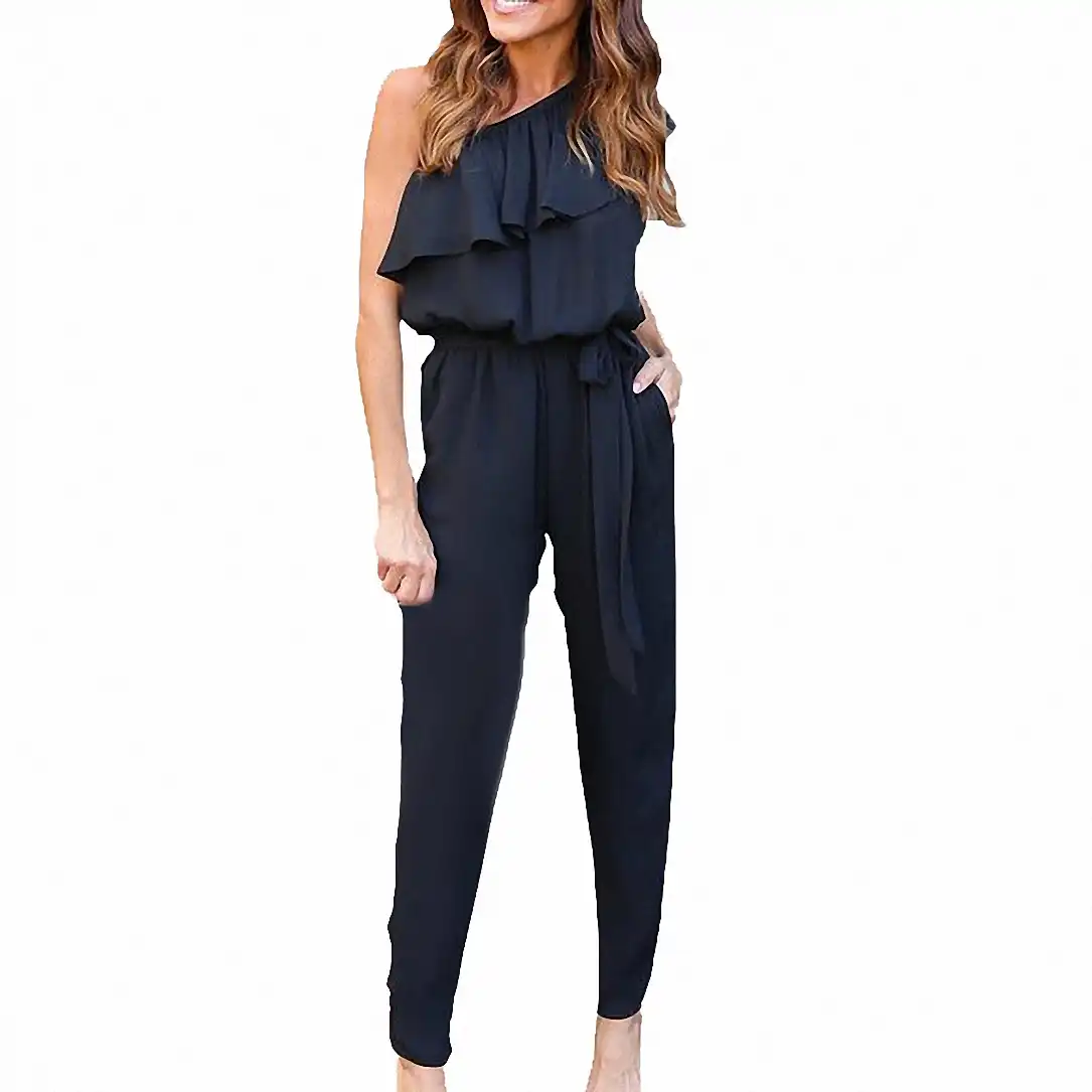 Negro Mono Elegante Jumpsuits Para Mujeres Off Hombro Pantalones