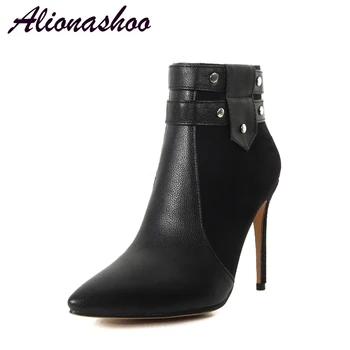 

Alionashoo Large Size 34-46 Women High Heel Short Ankle Boots Autumn Winter Boots For Ladies Buckle Pointed Toe Footwear Botas