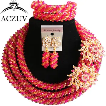 

ACZUV Hot Pink and Gold AB Crystal Costume African Beads Jewelry Set Nigerian Necklace Wedding Accssories A3R021