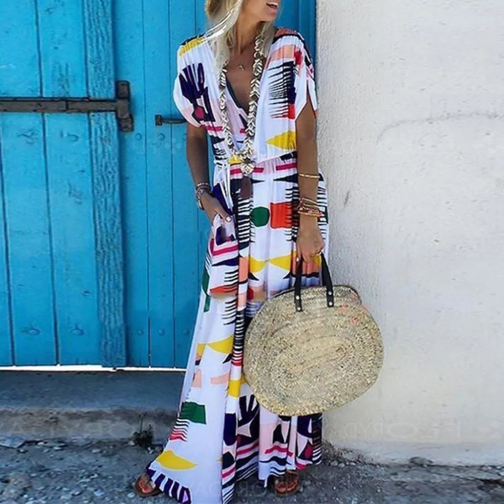 

Evening Party Beach Chiffon Dress Short Sleeve Printed Dress New Arrival Women Dresses Sexy Summer Boho Long Maxi vestidos BB4