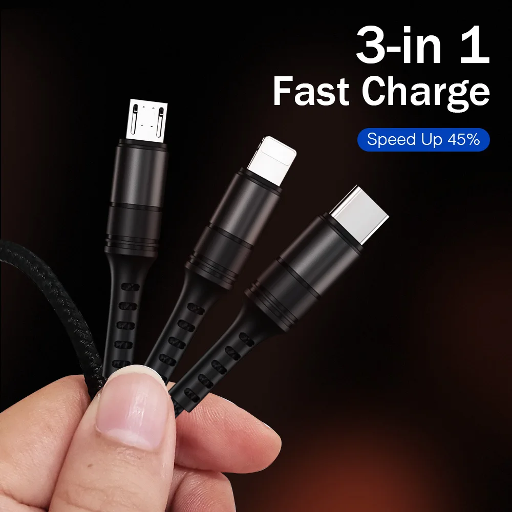 ROCK 3 в 1 USB кабель 3A для Мобильный телефон Micro Type C зарядный iPhone XR XS Max X Huawei быстрой