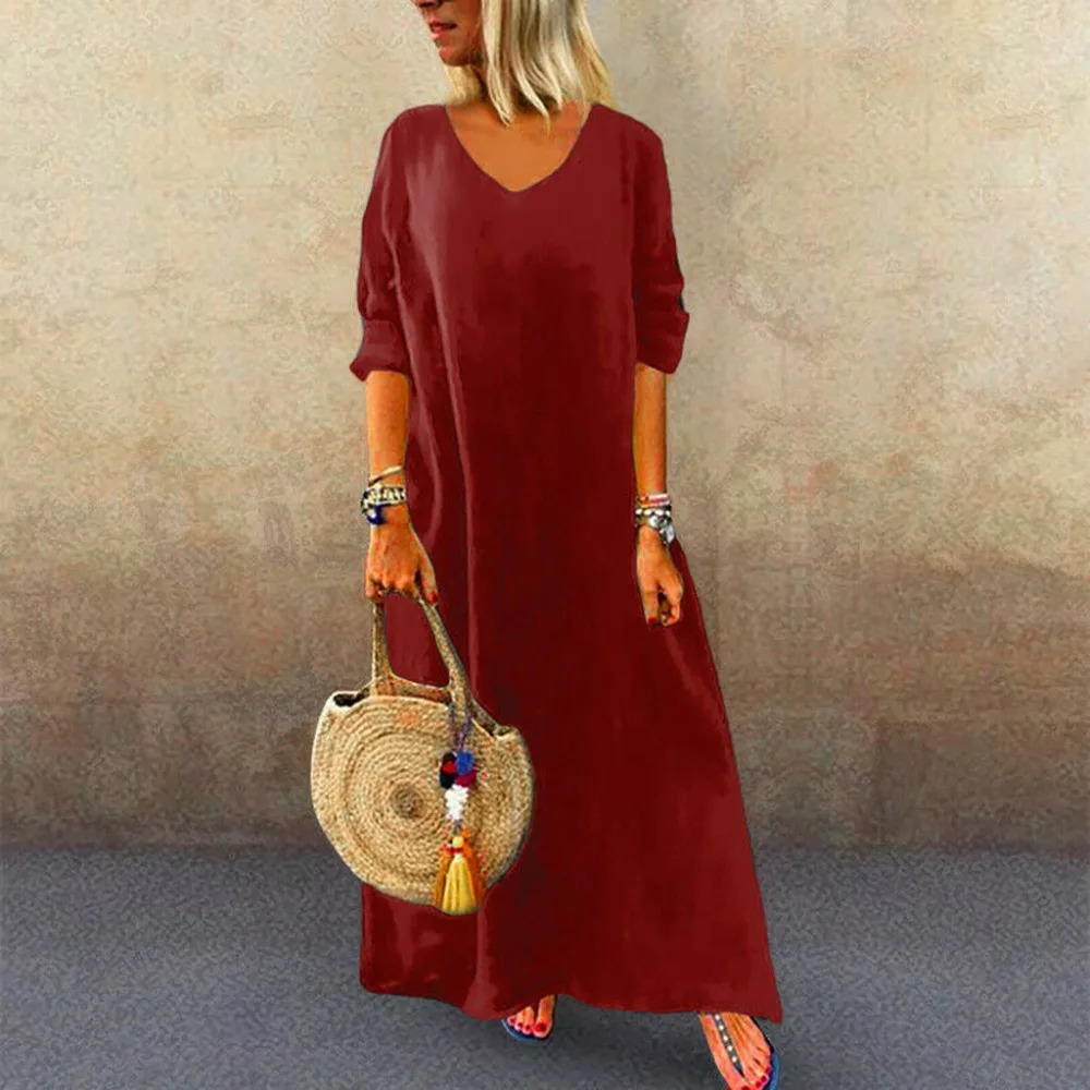 

2019 Women V-Neck long Dress Sexy Loose Solid Long Sleeve Dresses Casual Autumn Summer beach Maxi Dress Vestidos De Festa A4