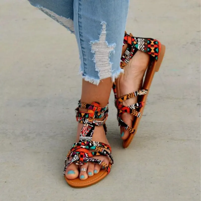 

Bohemian Women Flat Shoes Summer Gladiator Roman Sandal Boho Sandalias Mujer Colorful Female Beach Flat Plus Size 35-43