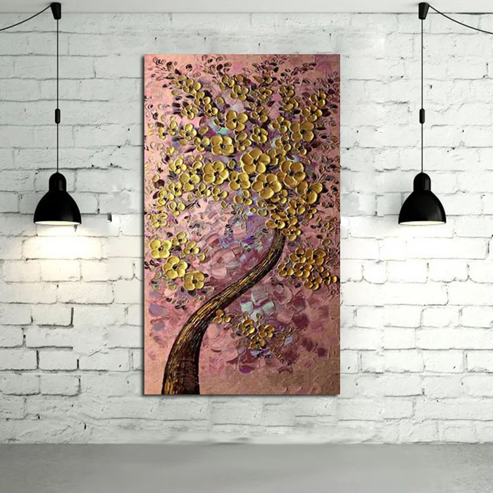 Ручная роспись абстрактное денежное дерево картины маслом на холсте золотое дерево розовый фон Настенная картина современный Декор искусство