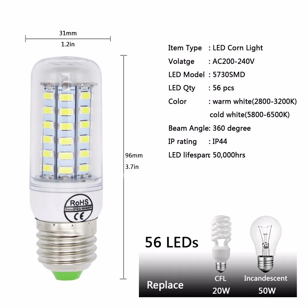 SMD 5730 E27 светодиодный светильник 5730SMD Свет кукурузы светодиодный лампы 24 36 48 56 69 72 светодиодный s люстры свечи освещение украшение дома 7 Вт 15 Вт, 20 Вт